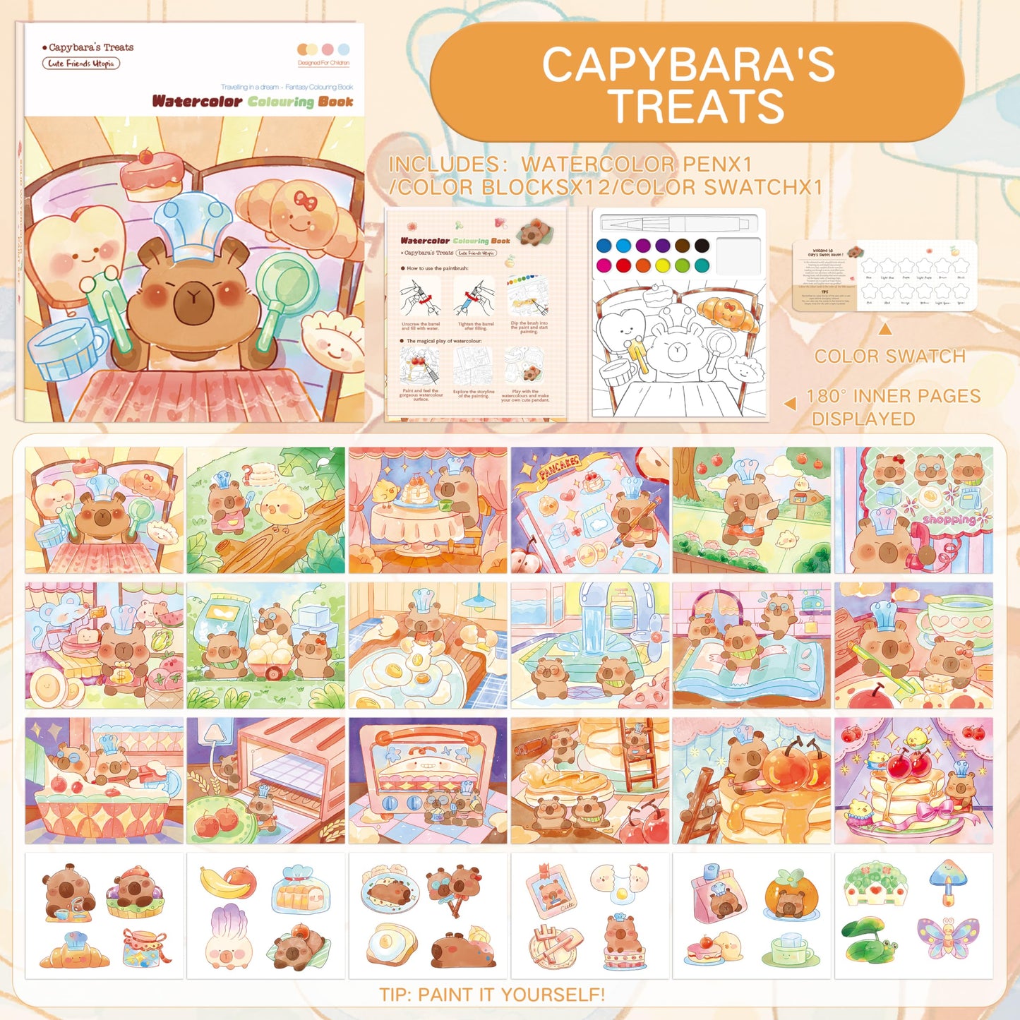 gesboole Paint with Water Coloring Book for Kids Ages 3-8 – Capybara 24-Page 4-in-1 Activity