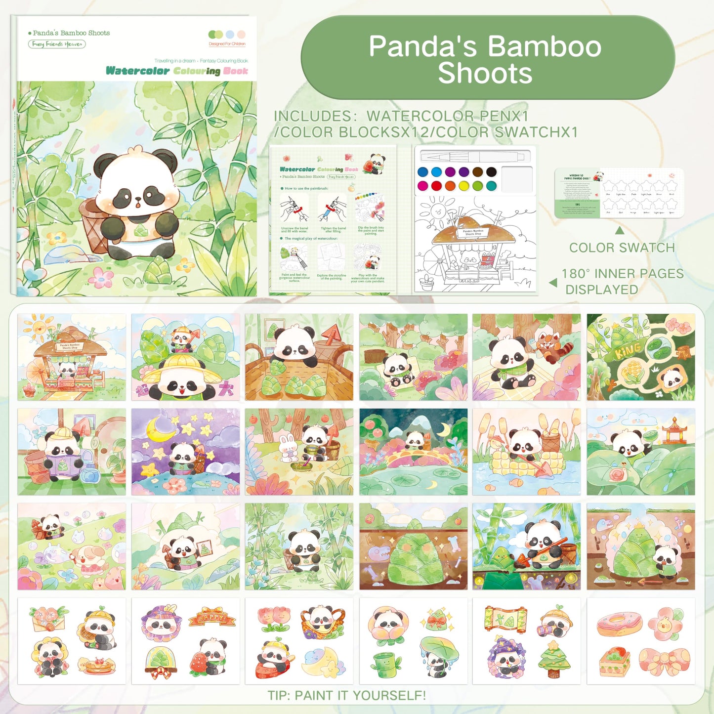 gesboole Paint with Water Coloring Book for Kids – Panda 24-Page 4-in-1 Art Kit, Ages 3-8