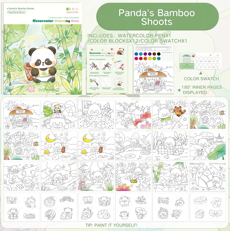 gesboole Paint with Water Coloring Book for Kids – Panda 24-Page 4-in-1 Art Kit, Ages 3-8
