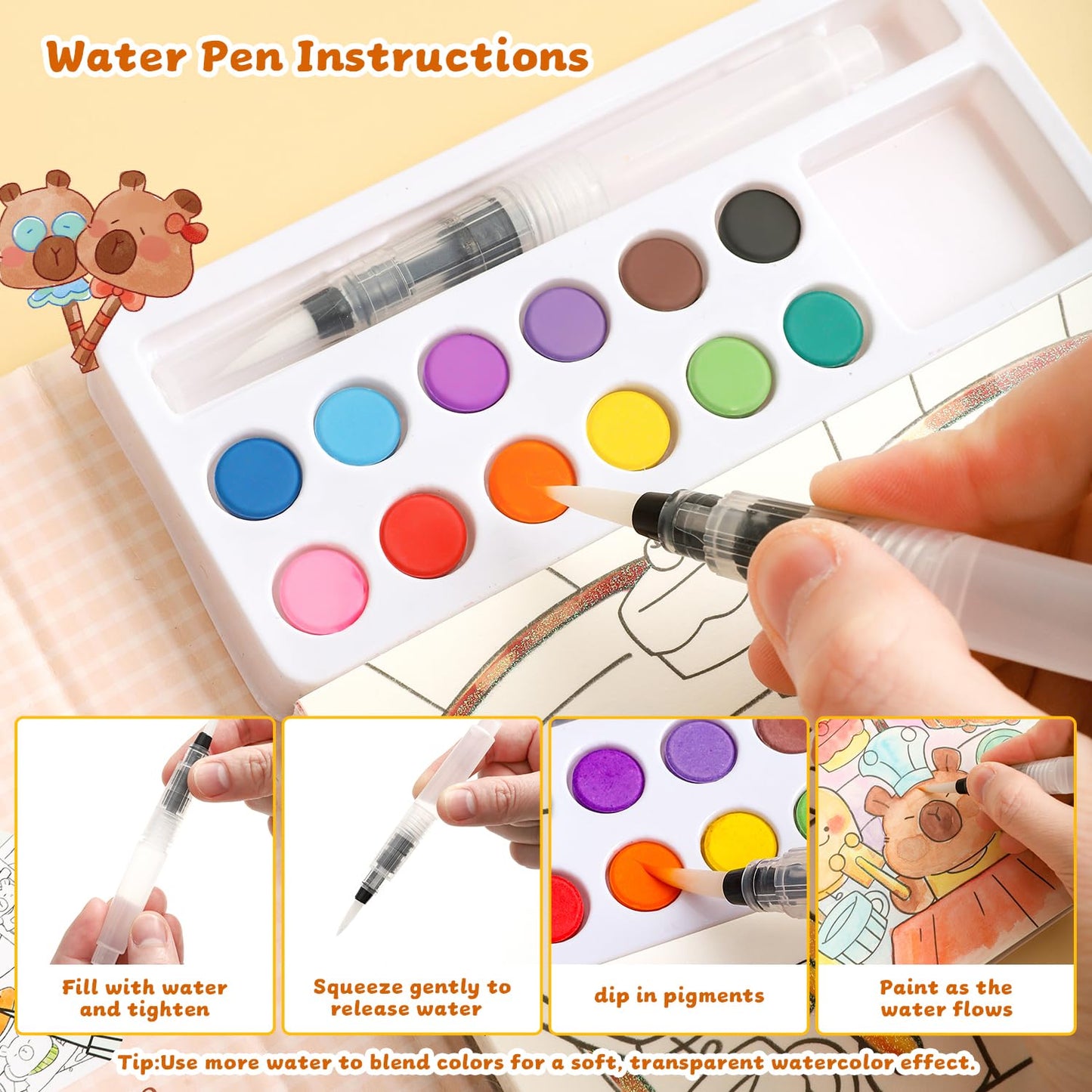 gesboole Paint with Water Coloring Book for Kids Ages 3-8 – Capybara 24-Page 4-in-1 Activity