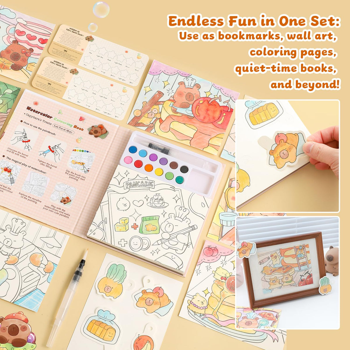 gesboole Paint with Water Coloring Book for Kids Ages 3-8 – Capybara 24-Page 4-in-1 Activity