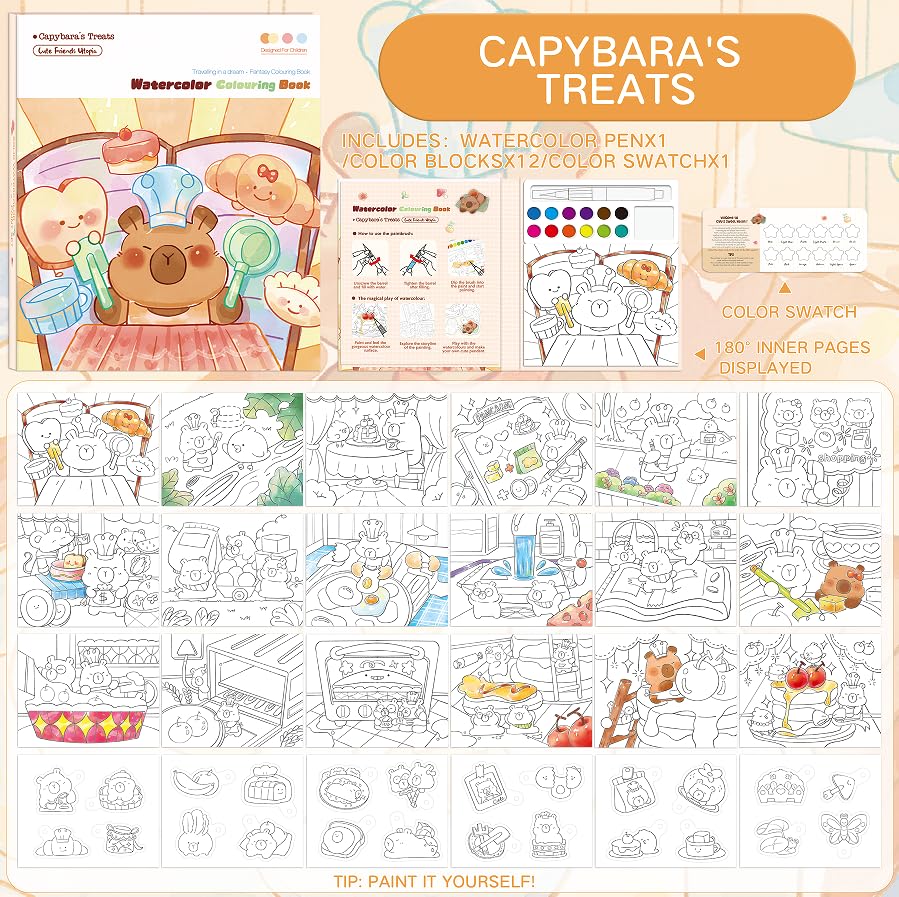 gesboole Paint with Water Coloring Book for Kids Ages 3-8 – Capybara 24-Page 4-in-1 Activity