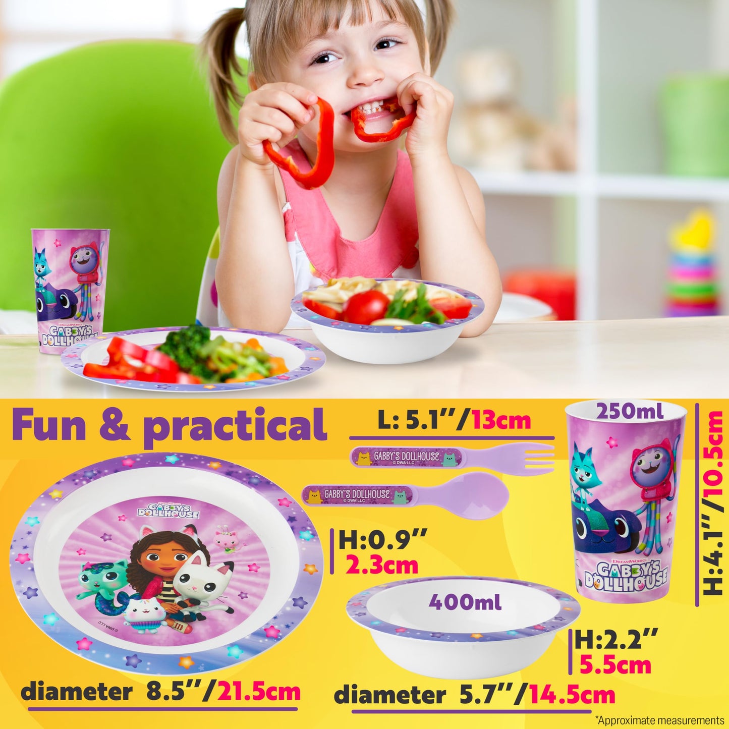 Get Trend Gabby's Dollhouse Dinnerware Set – 5 Pc Kids Tableware (Plate, Bowl, Cup, Spoon, Fork)