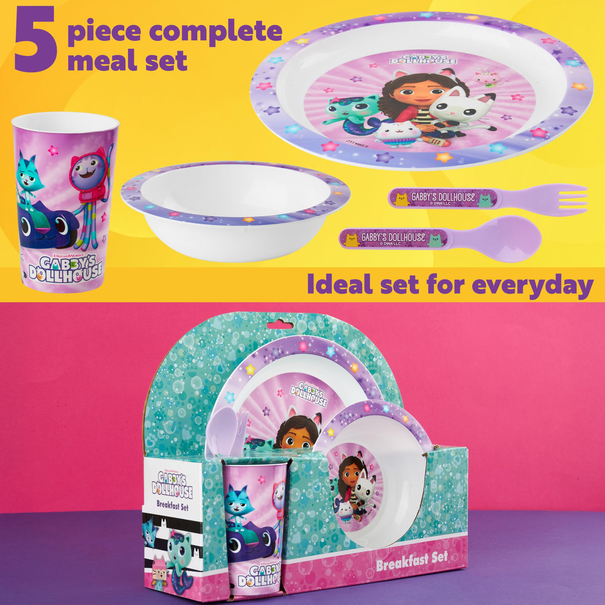 Get Trend Gabby's Dollhouse Dinnerware Set – 5 Pc Kids Tableware (Plate, Bowl, Cup, Spoon, Fork)