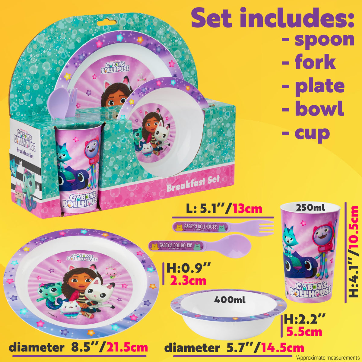 Get Trend Gabby's Dollhouse Dinnerware Set – 5 Pc Kids Tableware (Plate, Bowl, Cup, Spoon, Fork)