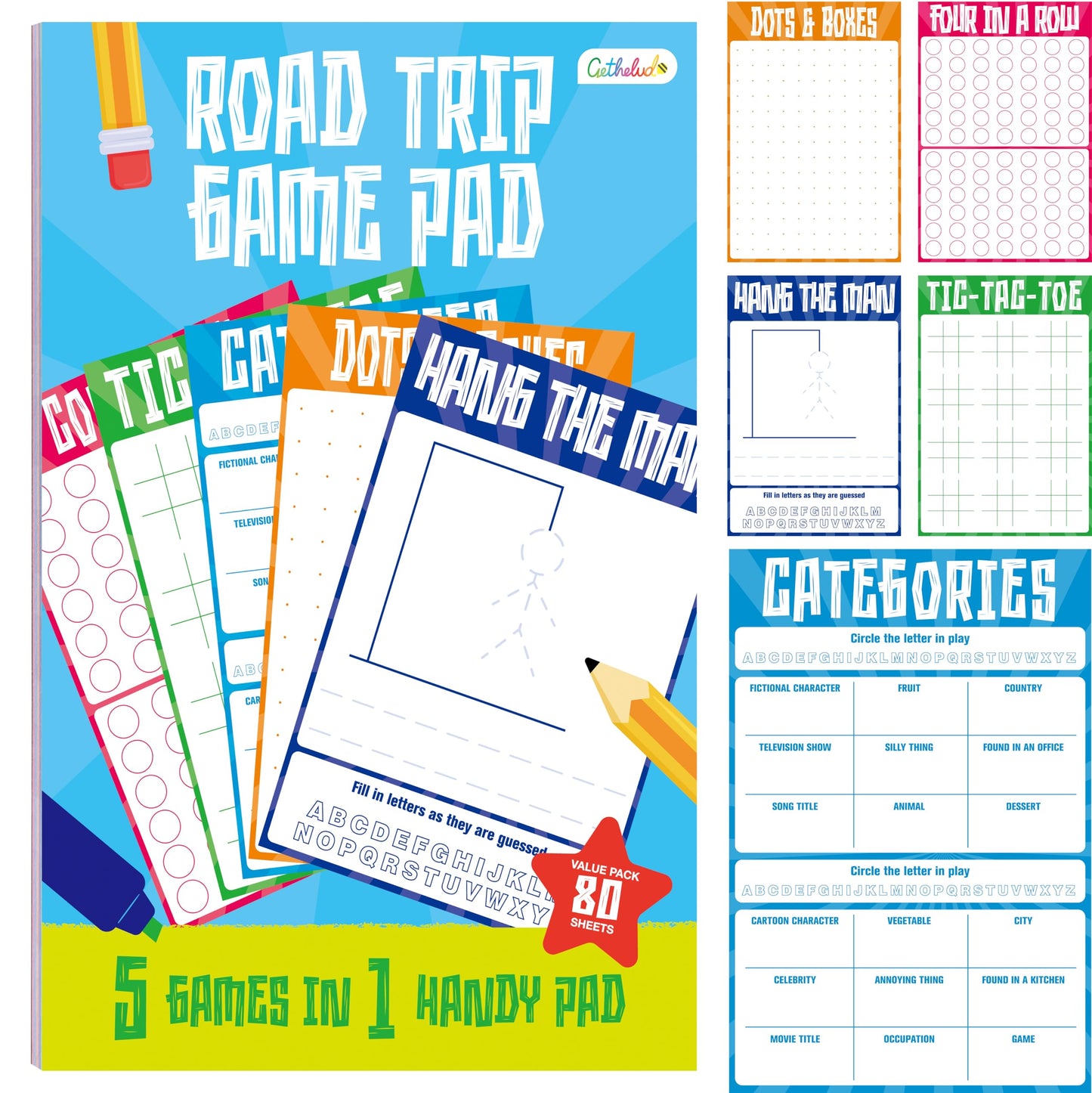 Gethelud Road Trip Game Pad – 80 Sheets, 5 Games in 1, Portable Travel Activity Pad