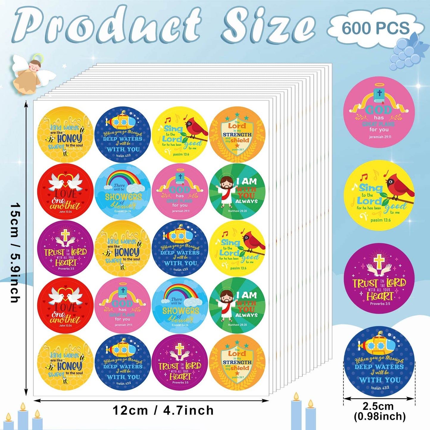 Geyee 600 Pcs Christian Religious Stickers for Kids – Bible Verse & Angel Style Decals for Toddler Art & Easter Crafts