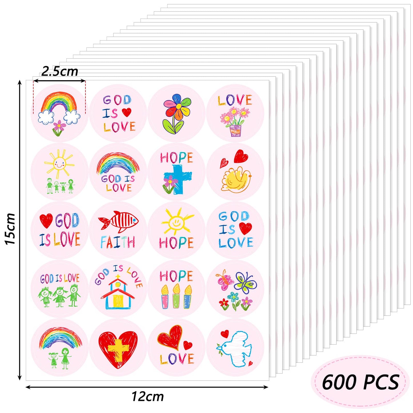 Geyee 600 Pcs Christian Stickers for Kids – 20 Styles, Jesus Faith Round Decor