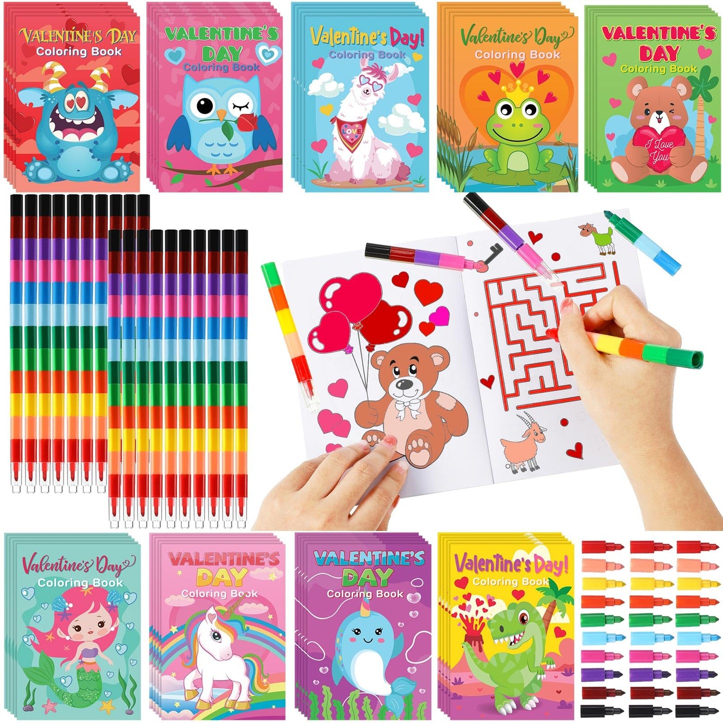 Geyee 27-Piece Valentine's Day Coloring Books Set with Stacking Crayons – Kids Party Favors & Classroom Activity Bundle