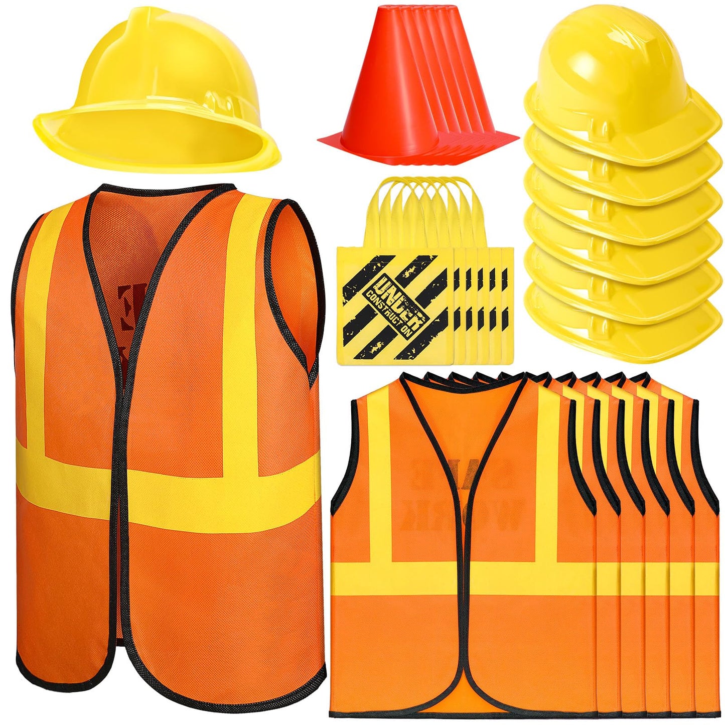 Geyoga 24-Piece Kids Construction Worker Costume Set: Vests, Hats, Cones & Tote Bags