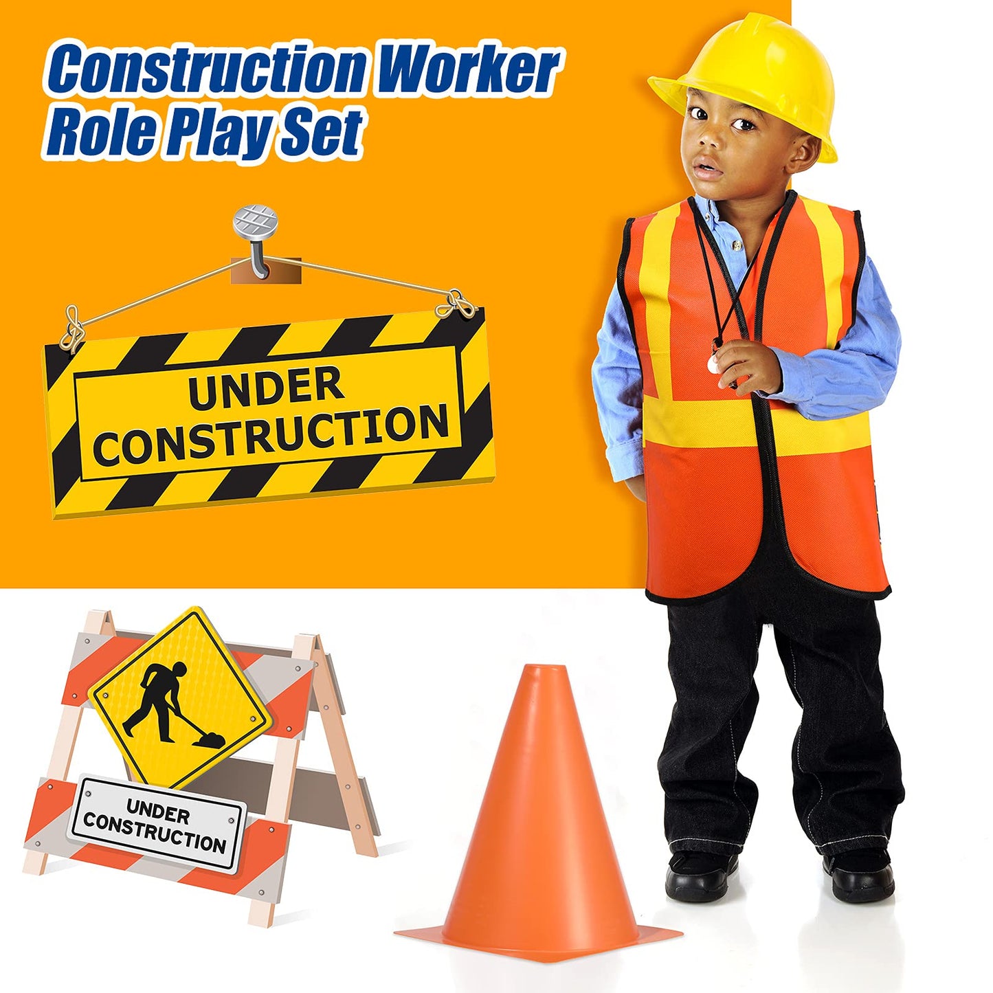 Geyoga 24-Piece Kids Construction Worker Costume Set: Vests, Hats, Cones & Tote Bags