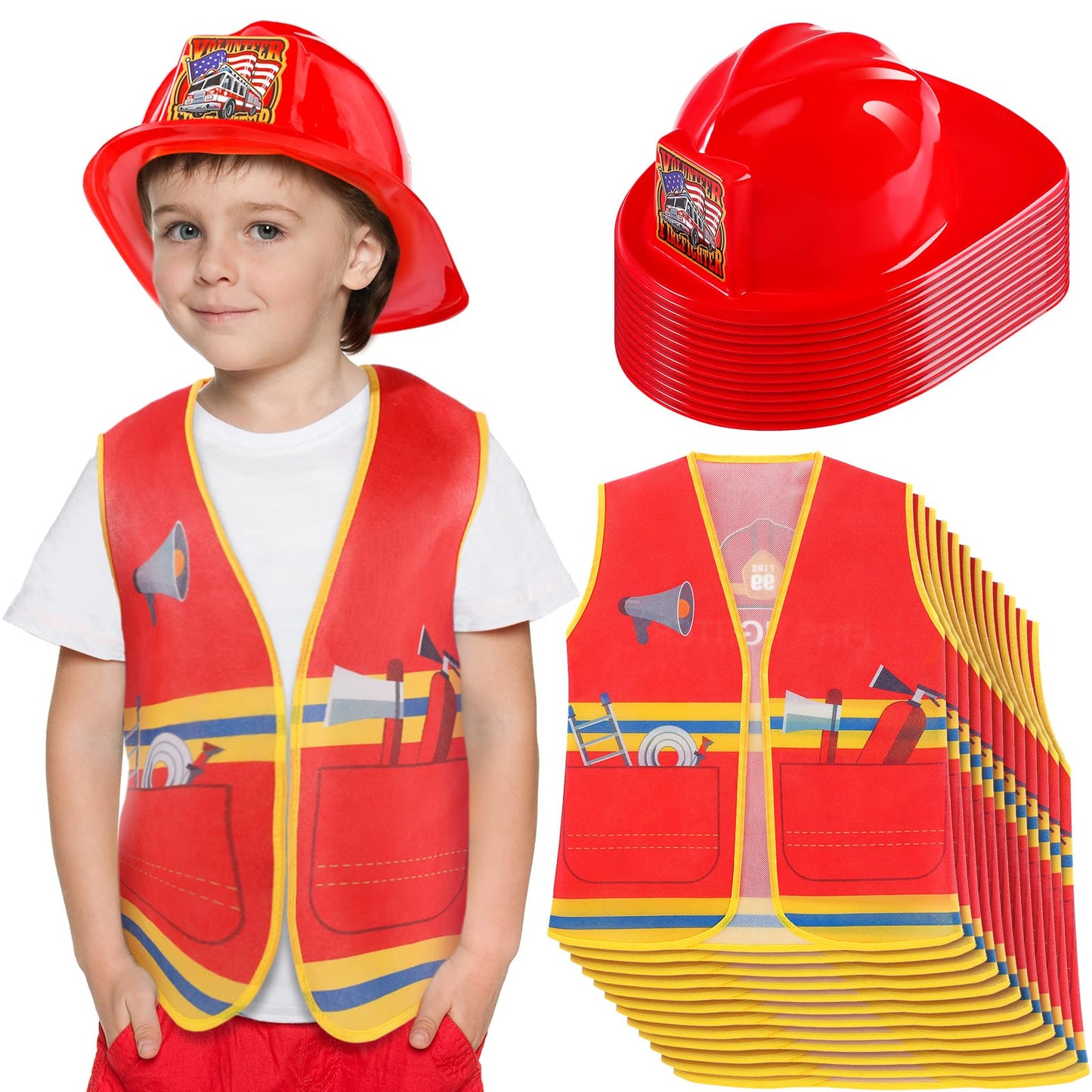 Geyoga 24 Pcs Fireman Costume Set for Kids – 12 Helmets & 12 Vests for Ages 3-8