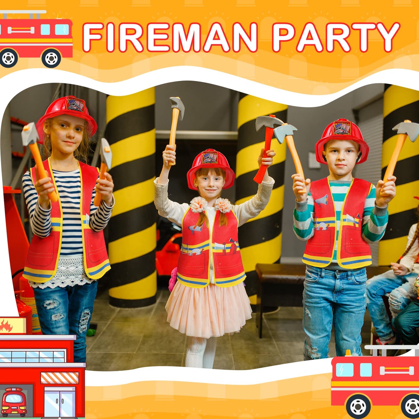 Geyoga 24 Pcs Fireman Costume Set for Kids – 12 Helmets & 12 Vests for Ages 3-8