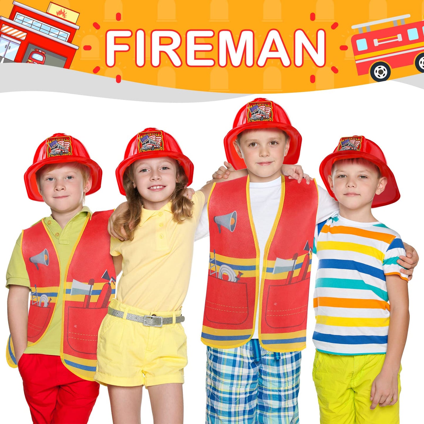 Geyoga 24 Pcs Fireman Costume Set for Kids – 12 Helmets & 12 Vests for Ages 3-8