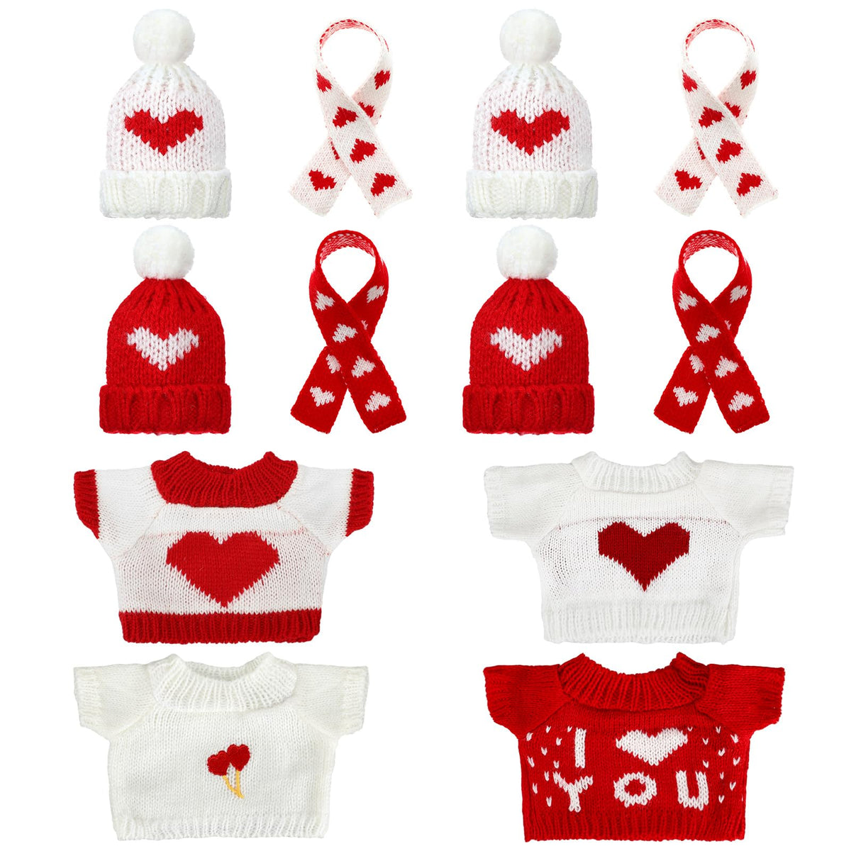 Geyoga 12-Piece Valentines Day Doll Clothes Set — Knit Hats, Scarves & Sweaters for Plush Toys