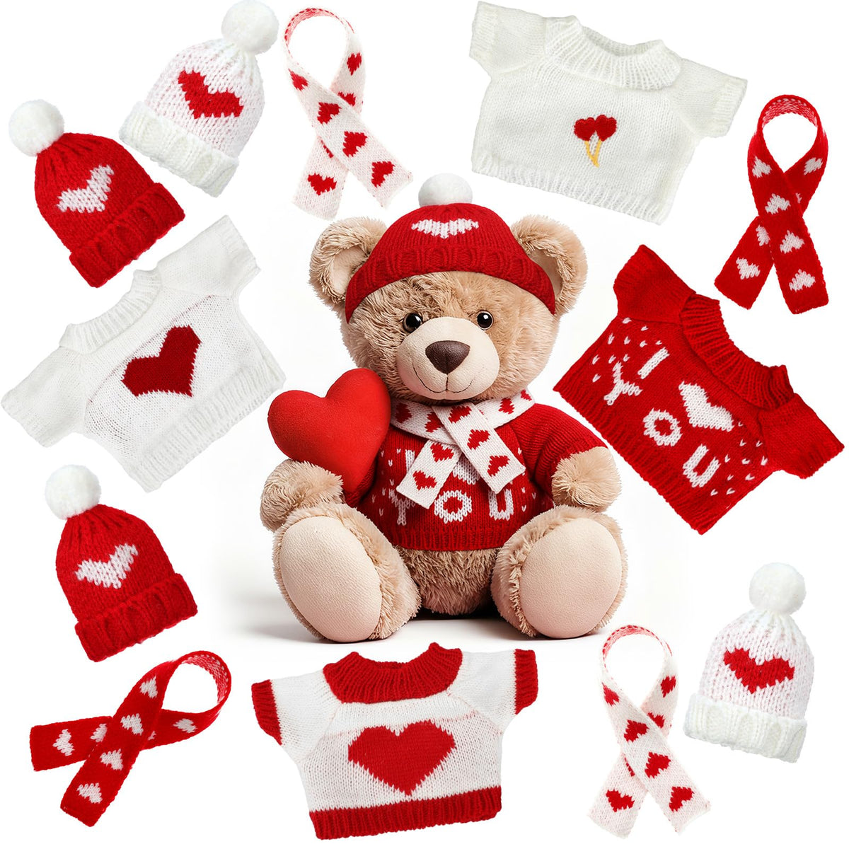 Geyoga 12-Piece Valentines Day Doll Clothes Set — Knit Hats, Scarves & Sweaters for Plush Toys