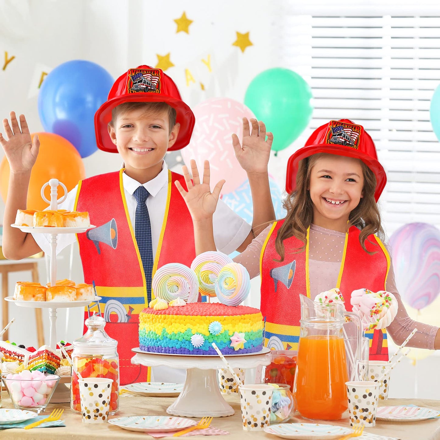 Geyoga 24 Pcs Fireman Costume Set for Kids – 12 Helmets & 12 Vests for Ages 3-8