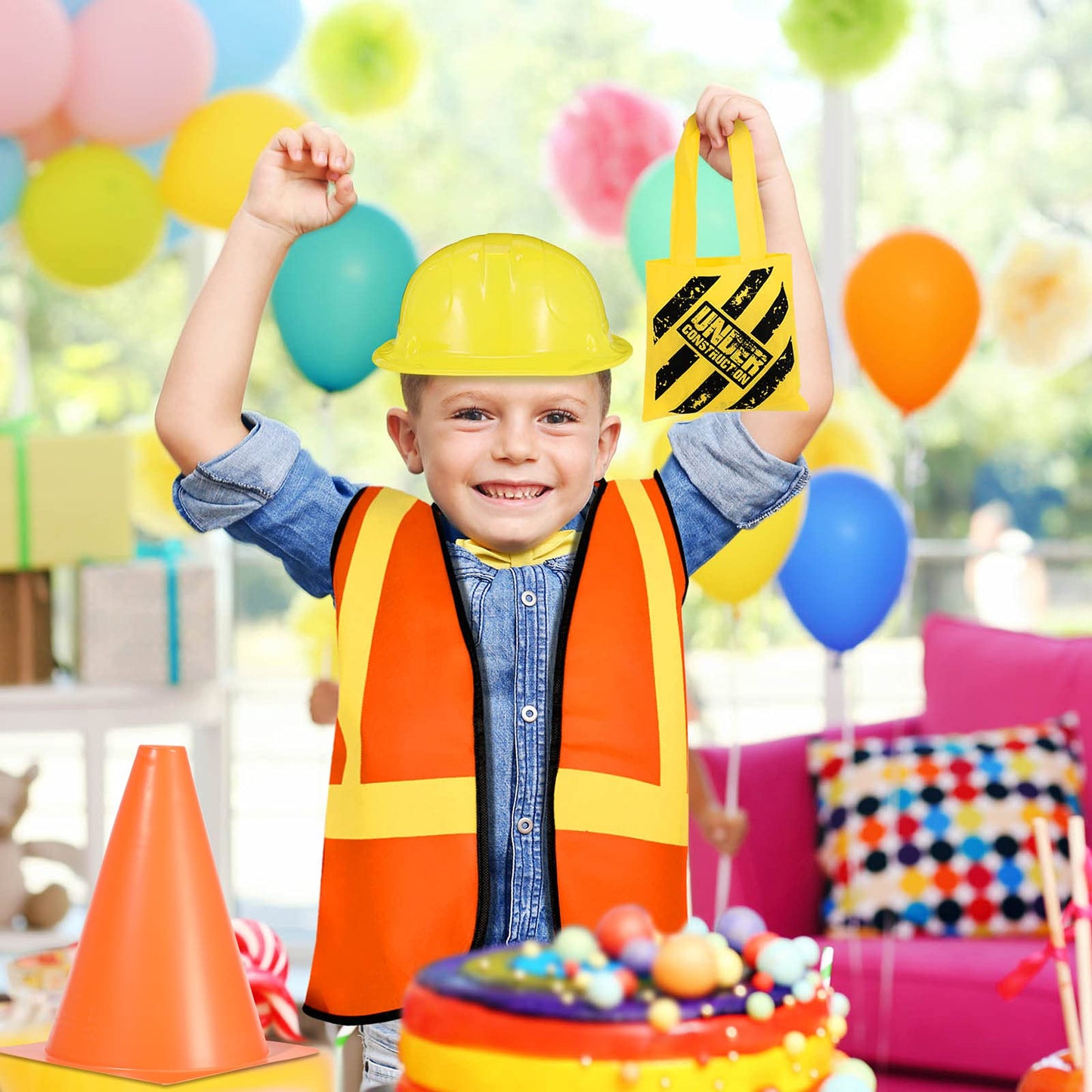 Geyoga 24-Piece Kids Construction Worker Costume Set: Vests, Hats, Cones & Tote Bags