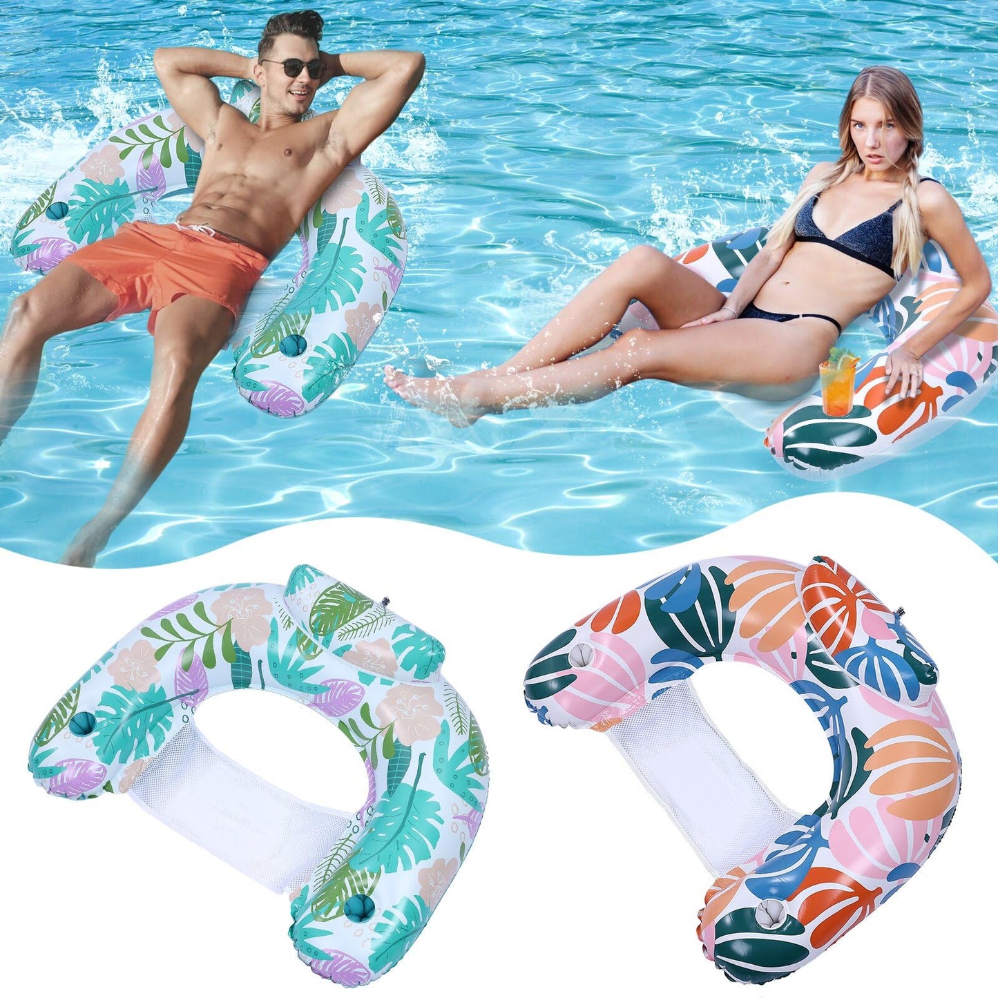 GG ZHONG QUAN 2 Pack Pool Float Chairs with Cup Holders – Lounge Hammock Floats for Pool, Beach, Ocean