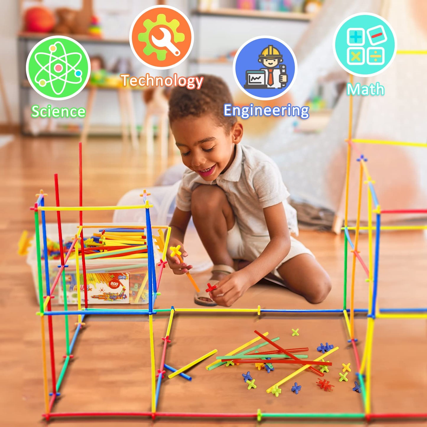 Ggiibro Straw Constructor Toys – 800Pcs STEM Building Kit for Kids 3+ with Storage Box