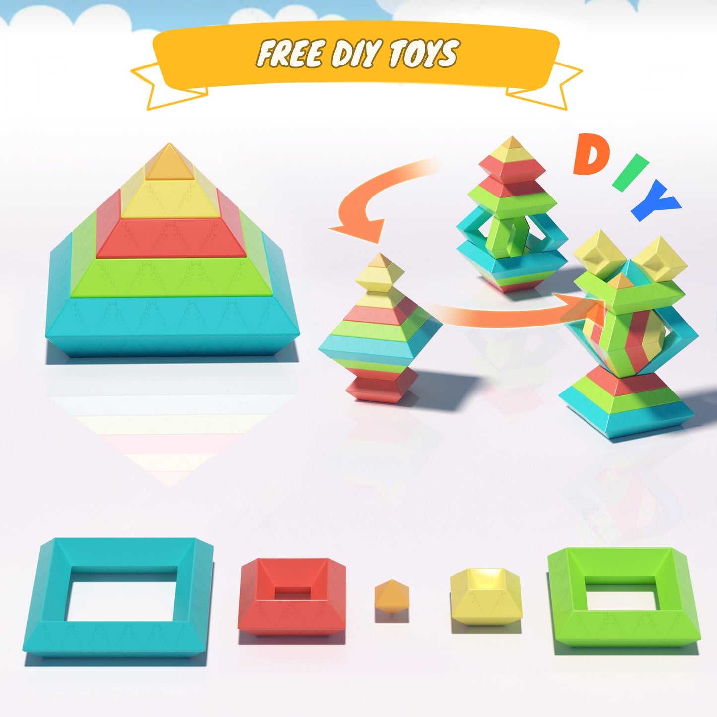 Ggiibro 40Pcs Montessori Pyramid Blocks – STEM & Sensory Toy for 3-6 Year Olds