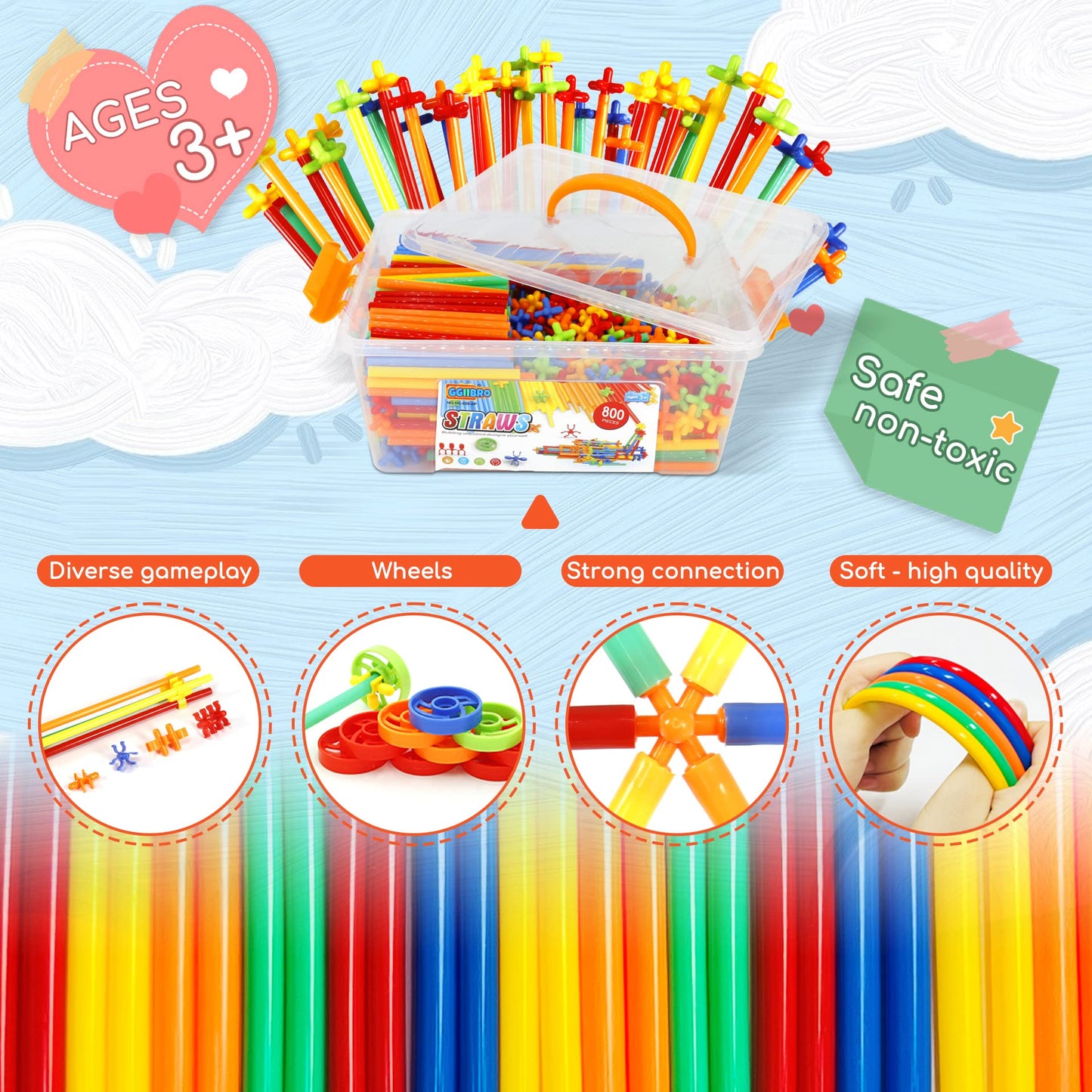 Ggiibro Straw Constructor Toys – 800Pcs STEM Building Kit for Kids 3+ with Storage Box