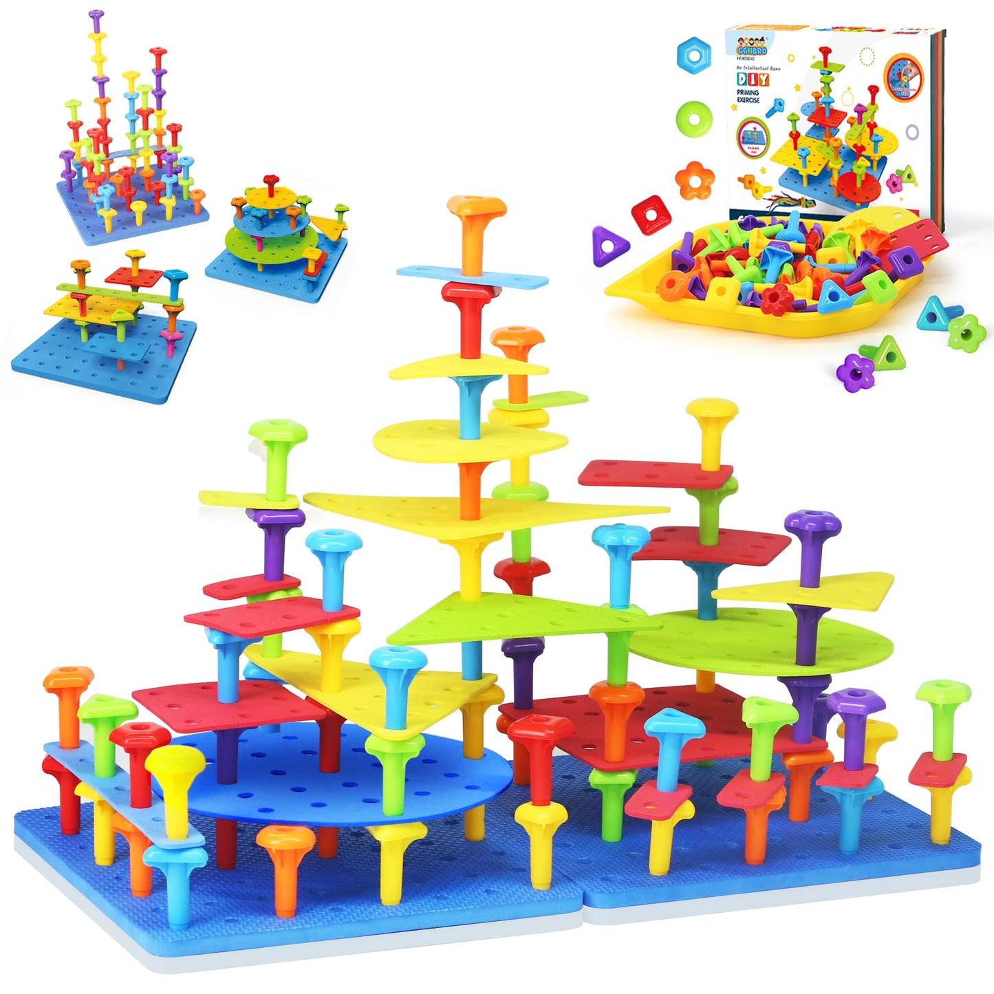 Ggiibro Peg Board Toy Set 101Pcs – STEM Building & Montessori Sensory Toys for Kids 3-6
