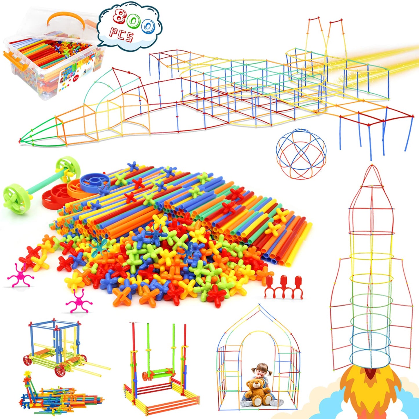 Ggiibro Straw Constructor Toys – 800Pcs STEM Building Kit for Kids 3+ with Storage Box