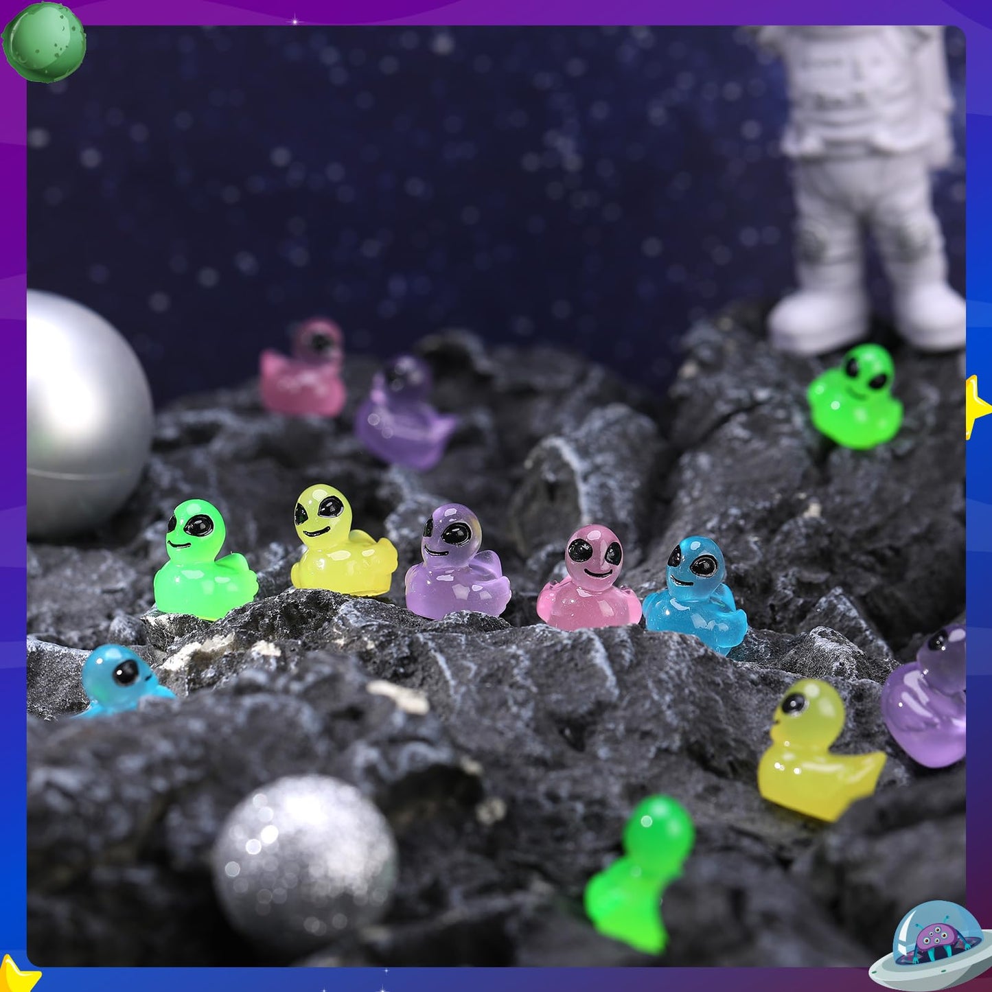 GGSTDDUP 50 Pcs Mini Alien Ducks Glow in the Dark – Tiny Resin Figures for Space Parties & Halloween