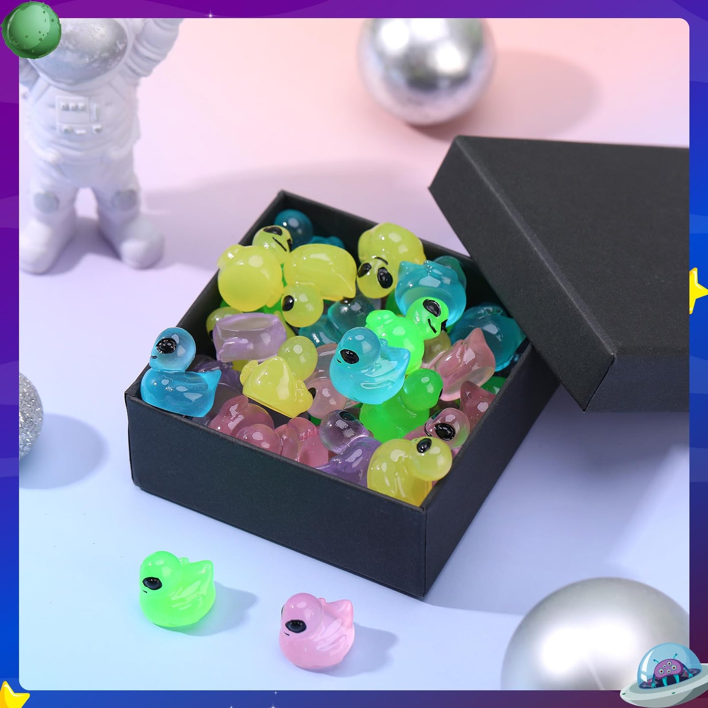 GGSTDDUP 50 Pcs Mini Alien Ducks Glow in the Dark – Tiny Resin Figures for Space Parties & Halloween