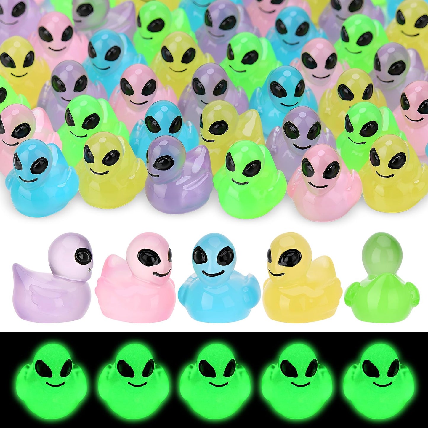 GGSTDDUP 50 Pcs Mini Alien Ducks Glow in the Dark – Tiny Resin Figures for Space Parties & Halloween