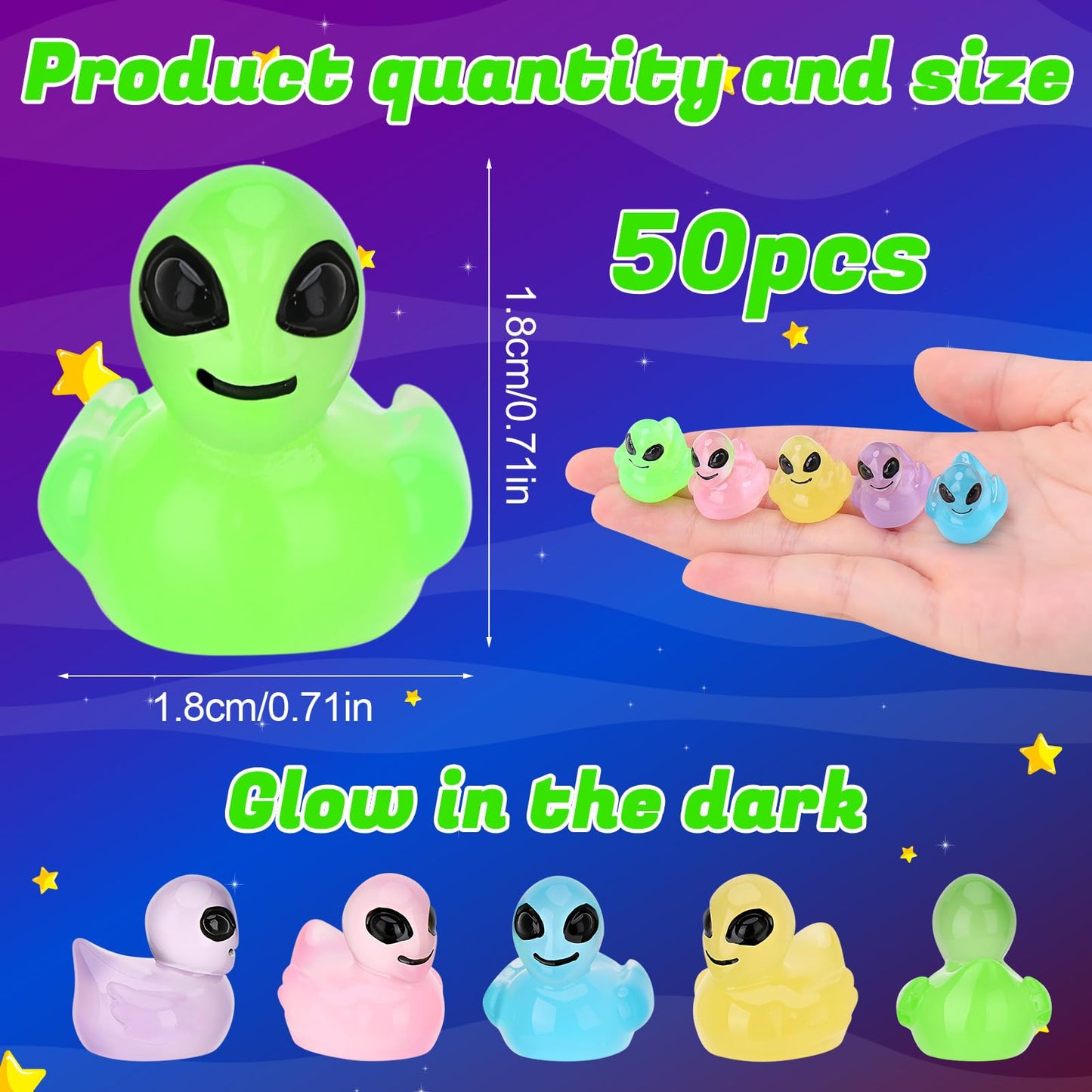 GGSTDDUP 50 Pcs Mini Alien Ducks Glow in the Dark – Tiny Resin Figures for Space Parties & Halloween