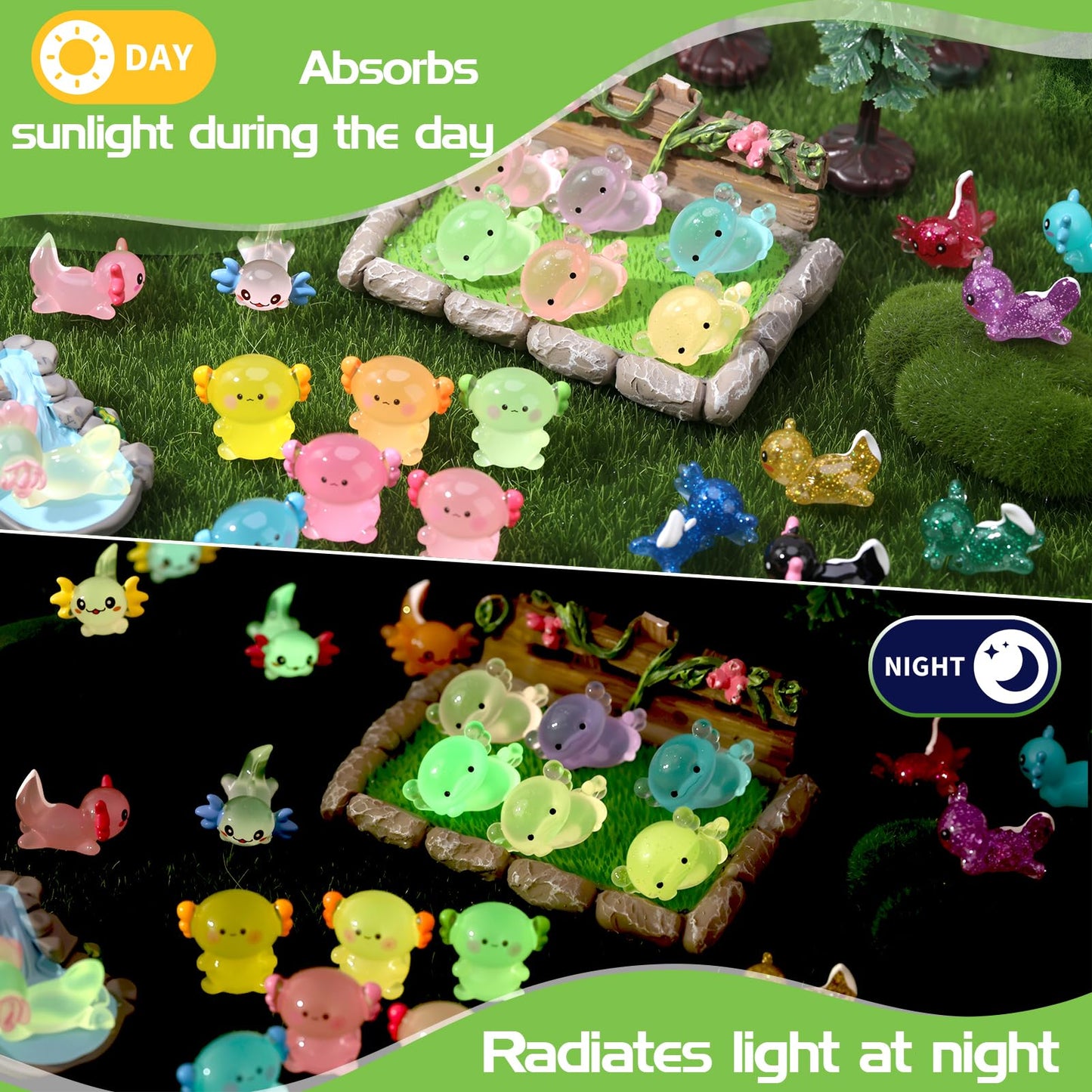 GGSTDDUP 40 Pcs Luminous Mini Axolotl Resin Figurines – Glow in the Dark DIY Decor