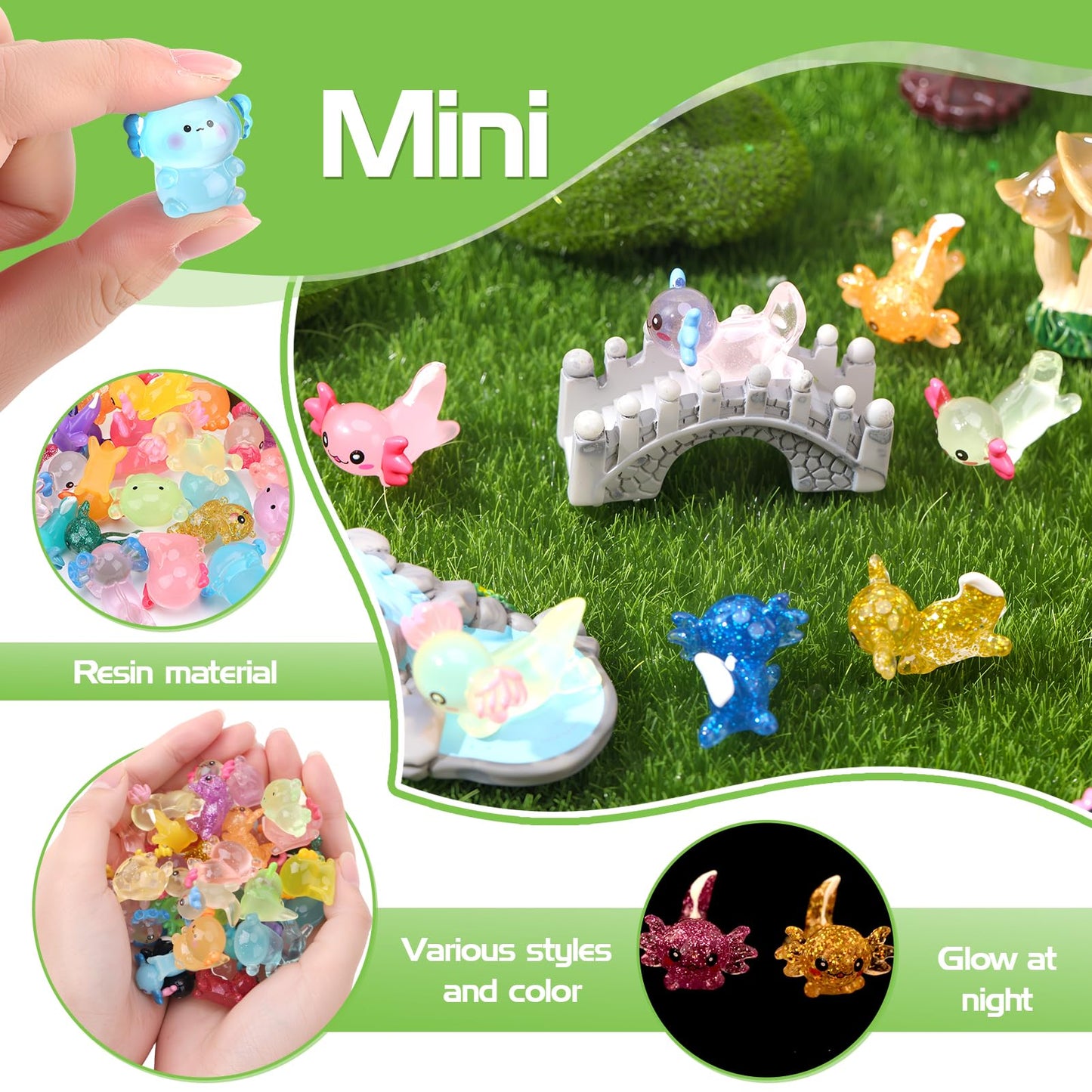 GGSTDDUP 40 Pcs Luminous Mini Axolotl Resin Figurines – Glow in the Dark DIY Decor
