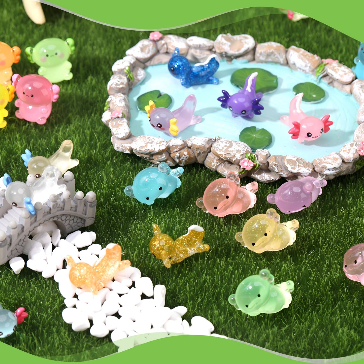 GGSTDDUP 40 Pcs Luminous Mini Axolotl Resin Figurines – Glow in the Dark DIY Decor