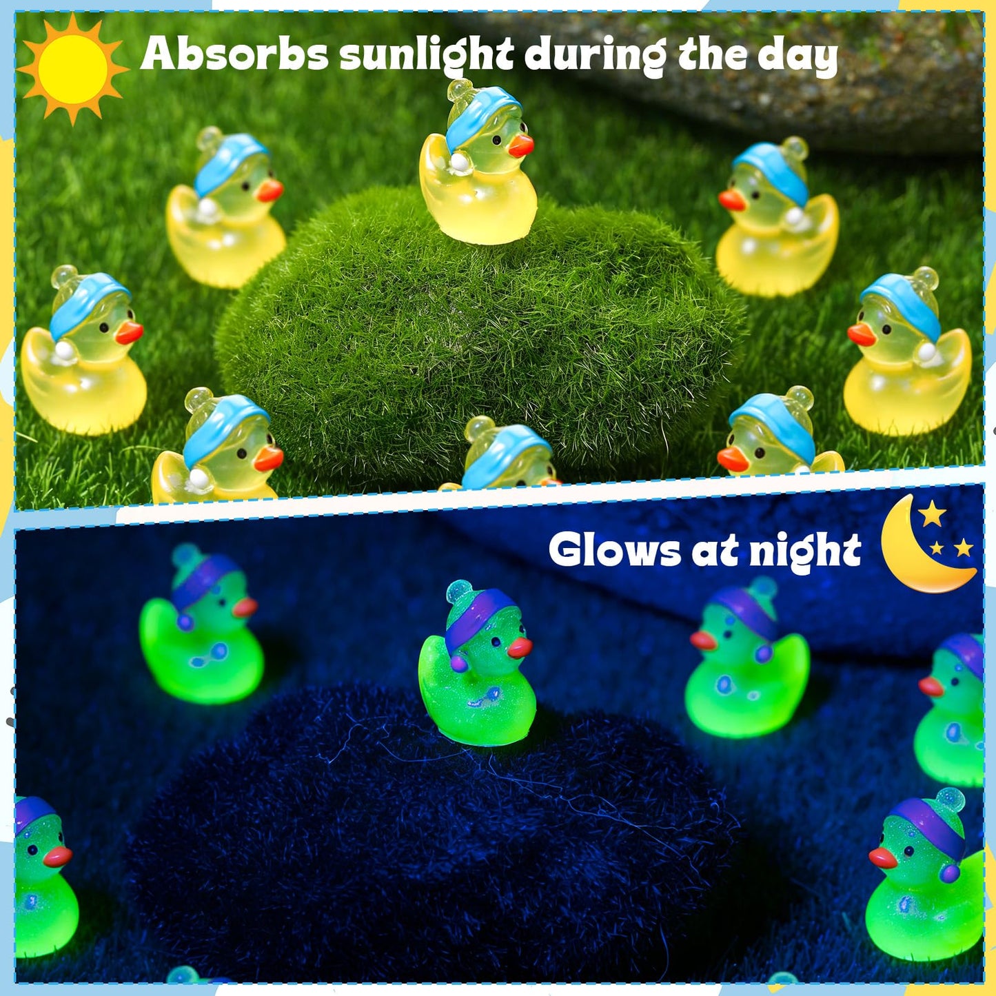 GGSTDDUP 50 Pcs Luminous Ducks Toy Figures with Pearl Earrings – Glow in the Dark Mini Resin Ducks for Party Favors