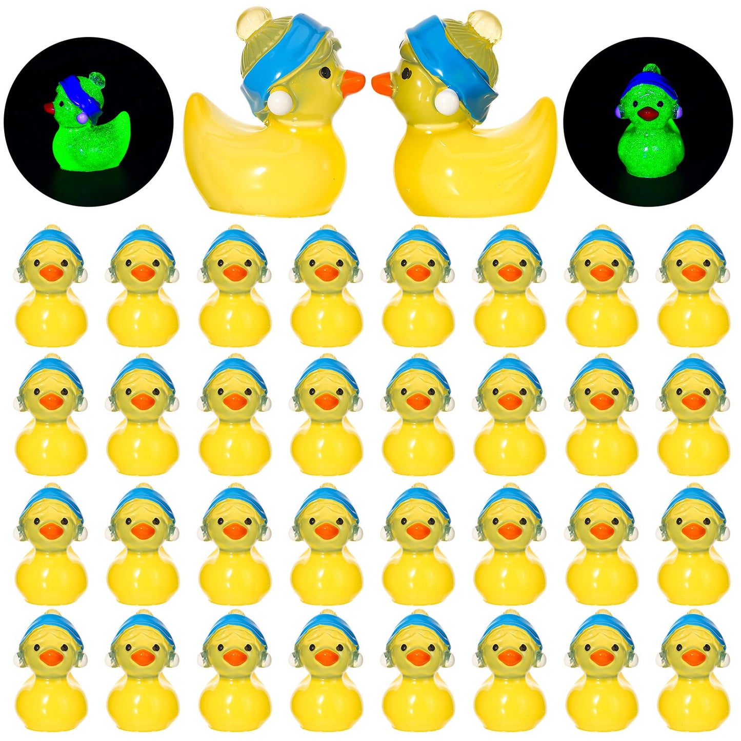 GGSTDDUP 50 Pcs Luminous Ducks Toy Figures with Pearl Earrings – Glow in the Dark Mini Resin Ducks for Party Favors