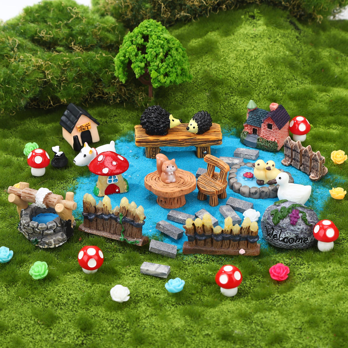GGSTDDUP 45-Piece Fairy Garden Kit: Houses, Trees & Animals