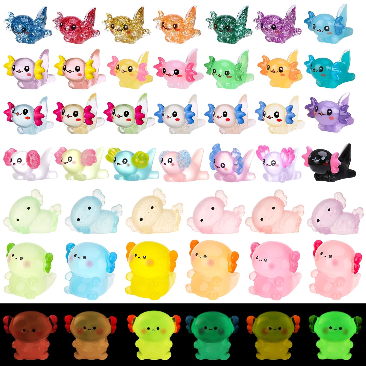 GGSTDDUP 40 Pcs Luminous Mini Axolotl Resin Figurines – Glow in the Dark DIY Decor