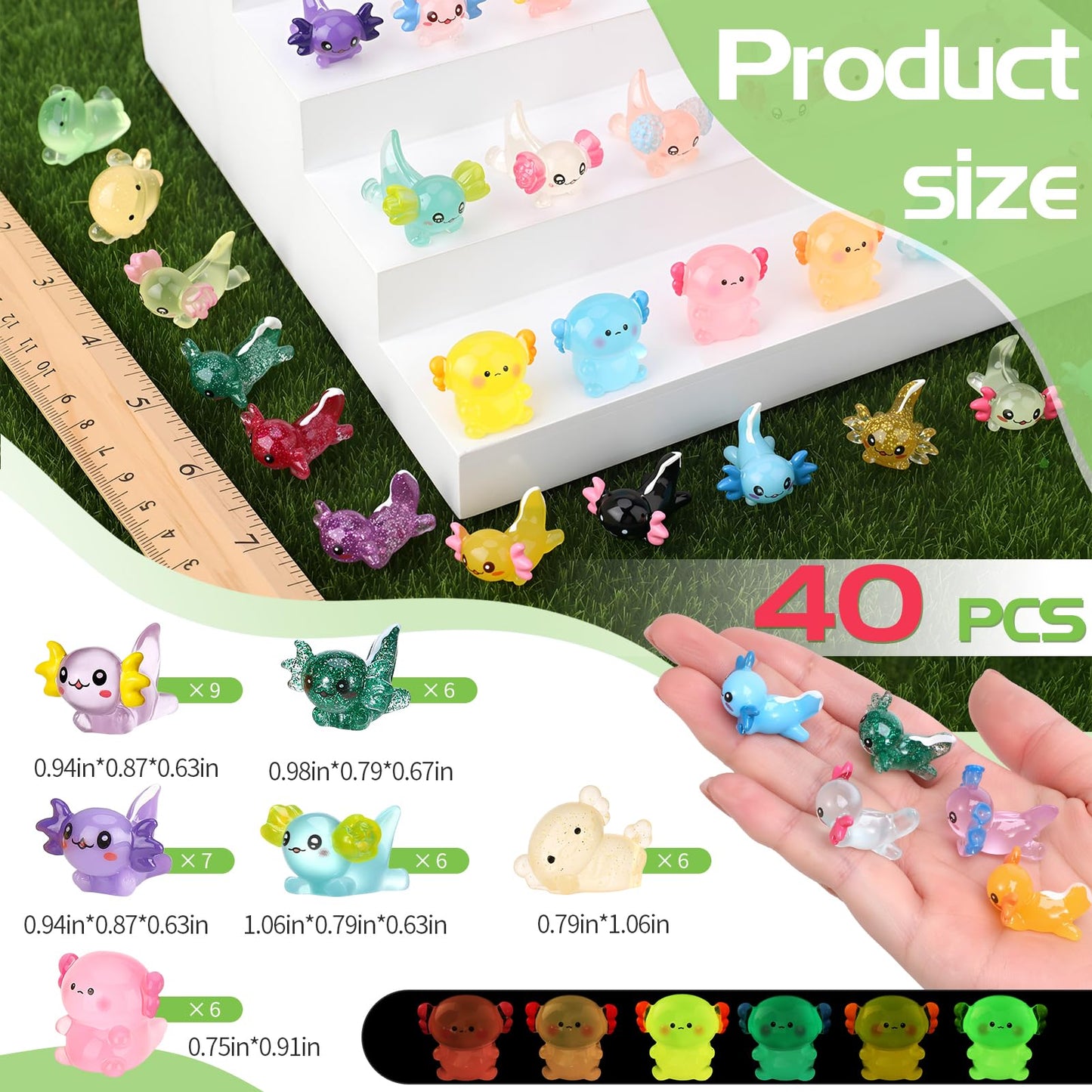 GGSTDDUP 40 Pcs Luminous Mini Axolotl Resin Figurines – Glow in the Dark DIY Decor