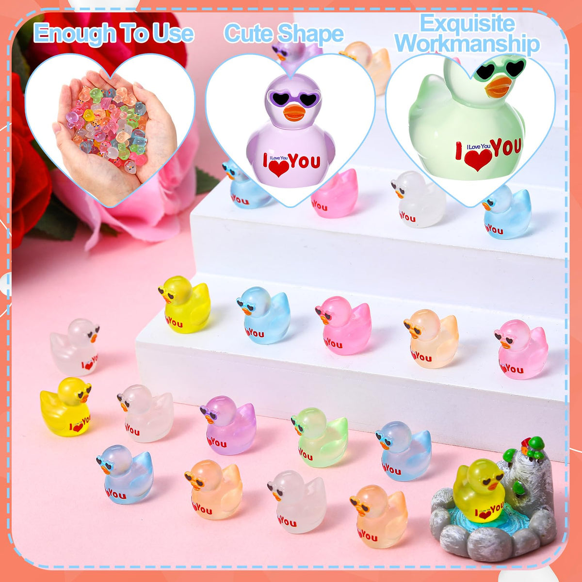 GGSTDDUP 64-Pcs Valentine's Day Resin Ducks | Luminous Heart Sunglasses Figures