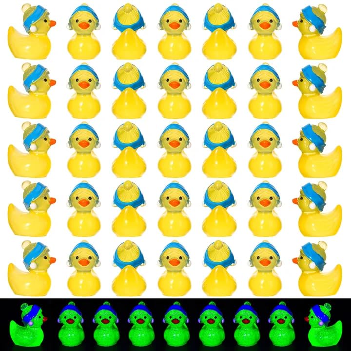 GGSTDDUP 50 Pcs Luminous Ducks Toy Figures with Pearl Earrings – Glow in the Dark Mini Resin Ducks for Party Favors