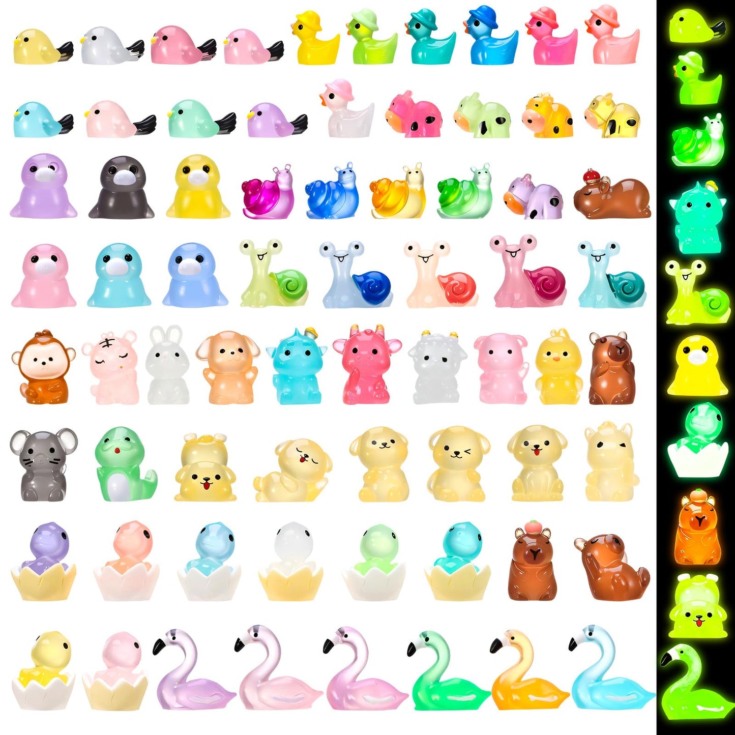 GGSTDDUP 72pcs Luminous Mini Resin Animals – Glow in the Dark Ducks, Flamingo, Dog & More