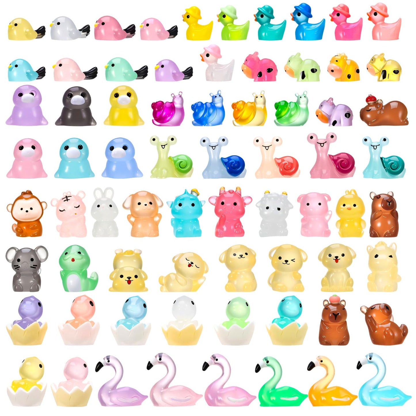 GGSTDDUP 72pcs Luminous Mini Resin Animals – Glow in the Dark Ducks, Flamingo, Dog & More