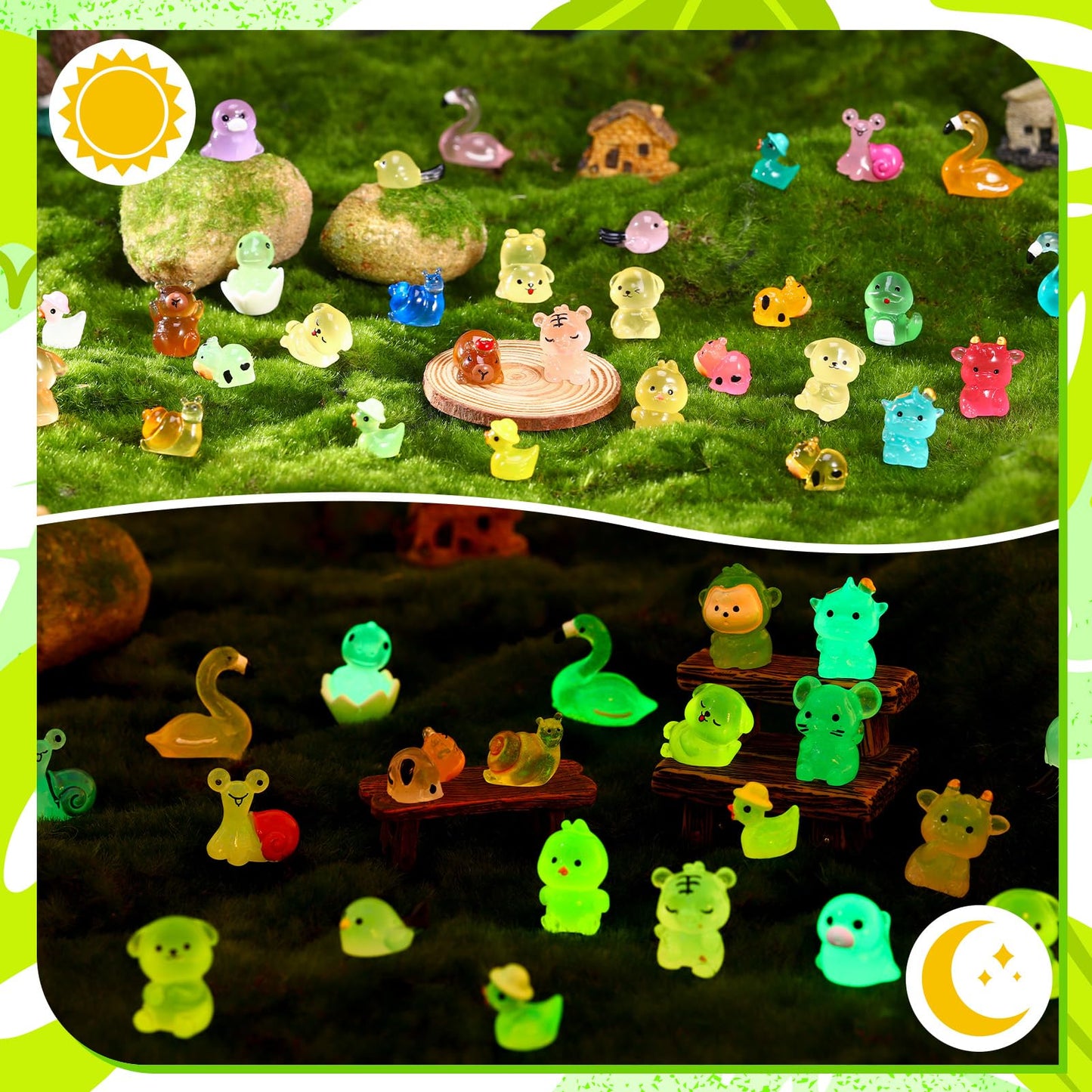 GGSTDDUP 72pcs Luminous Mini Resin Animals – Glow in the Dark Ducks, Flamingo, Dog & More