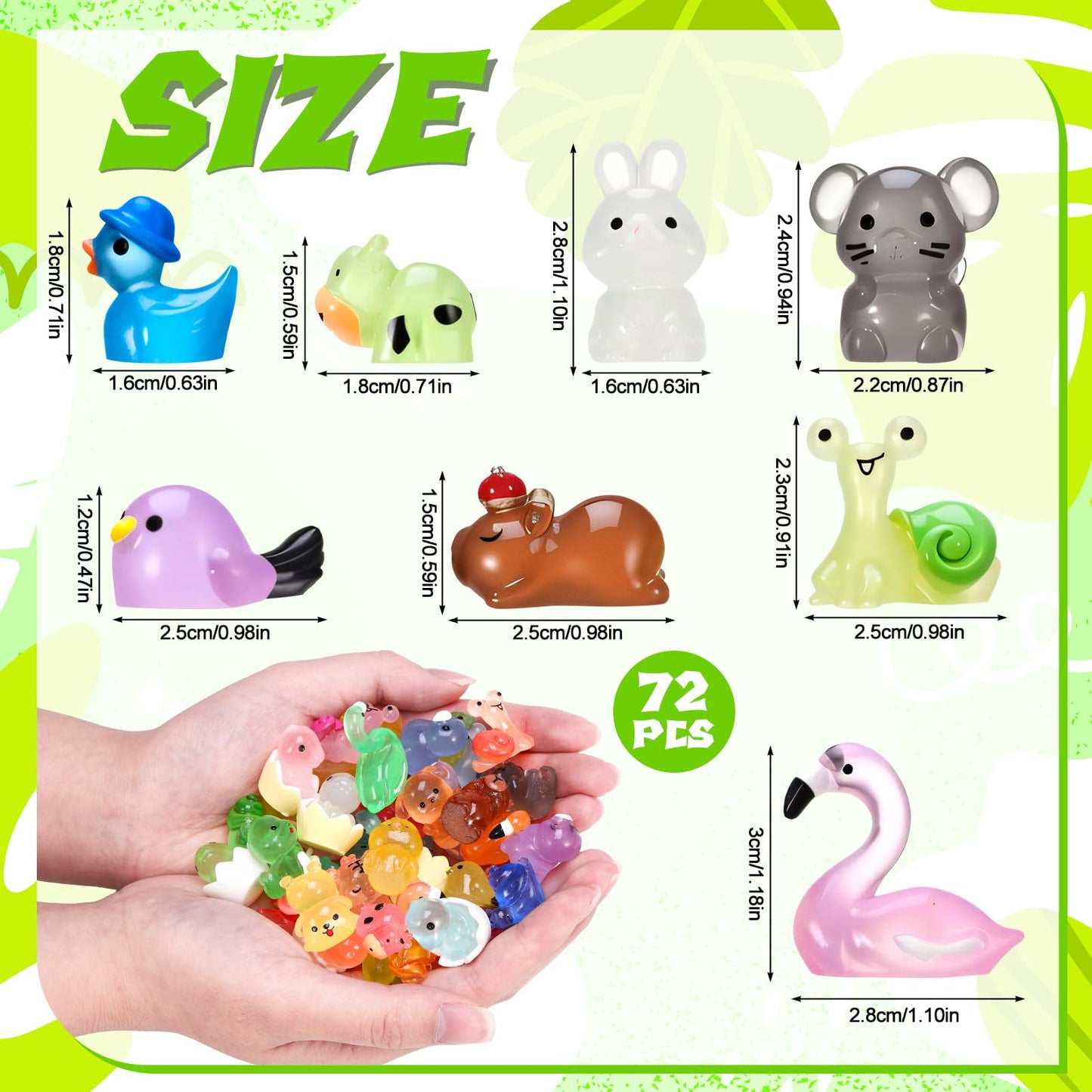 GGSTDDUP 72pcs Luminous Mini Resin Animals – Glow in the Dark Ducks, Flamingo, Dog & More