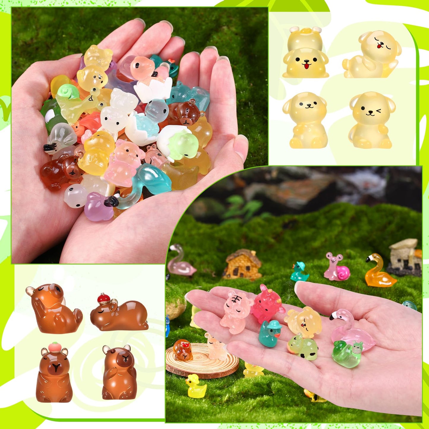 GGSTDDUP 72pcs Luminous Mini Resin Animals – Glow in the Dark Ducks, Flamingo, Dog & More