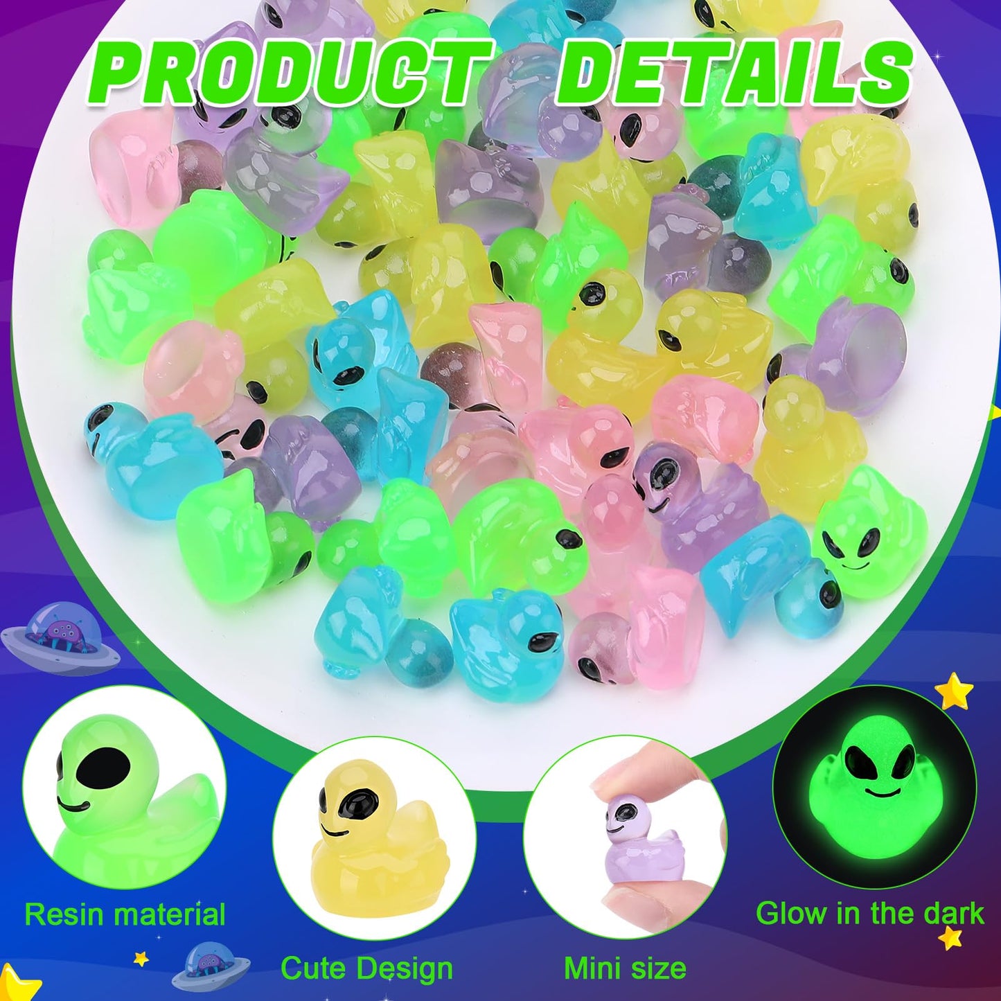 GGSTDDUP 50 Pcs Mini Alien Ducks Glow in the Dark – Tiny Resin Figures for Space Parties & Halloween