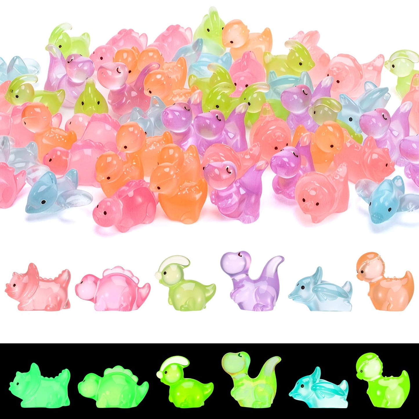 GGSTDDUP 60 Pcs Mini Resin Dinosaurs – Multicolor Luminous Glow-in-the-Dark Figurines