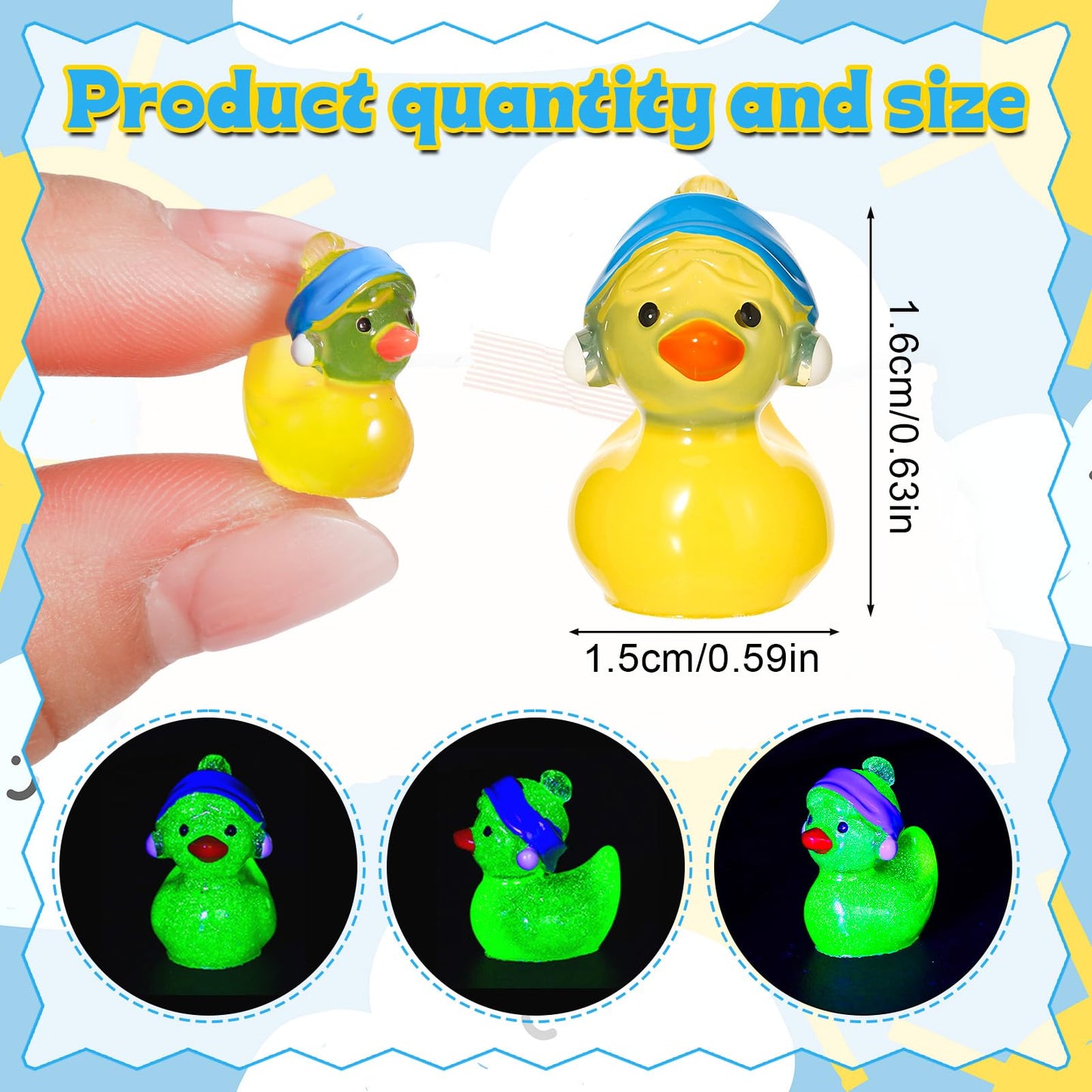 GGSTDDUP 50 Pcs Luminous Ducks Toy Figures with Pearl Earrings – Glow in the Dark Mini Resin Ducks for Party Favors